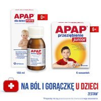 APAP dla dzieci Forte, 150 ml i  APAP​​ Przeziębienie Junior, 6 saszetek