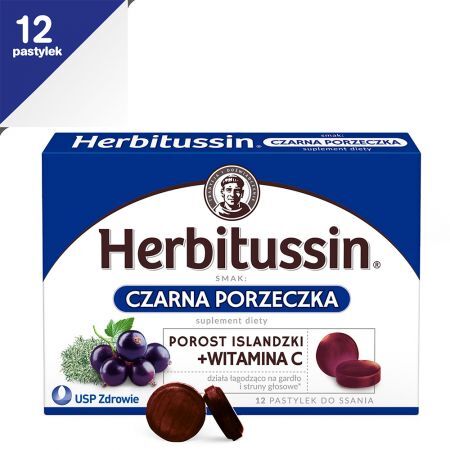 Herbitussin Porost islandzki + witamina C smak czarnej porzeczki, 12 pastylek do ssania