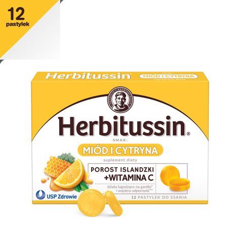 Herbitussin Porost islandzki + witamina C smak miodu i cytryny, 12 pastylek do ssania