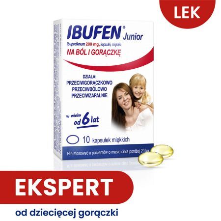 IBUFEN Junior 200 mg lek przeciwbólowy dla dzieci, 10 kapsułek (data ważności 04.2022)