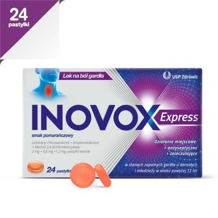 INOVOX Express pomarańczowy łagodzenie bólu gardła, 24 pastylki