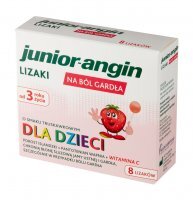Junior-angin lizaki na ból gardła o smaku truskawkowym, 8 sztuk (data ważności 31.12.2022r)