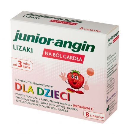 Junior-angin lizaki na ból gardła o smaku truskawkowym, 8 sztuk