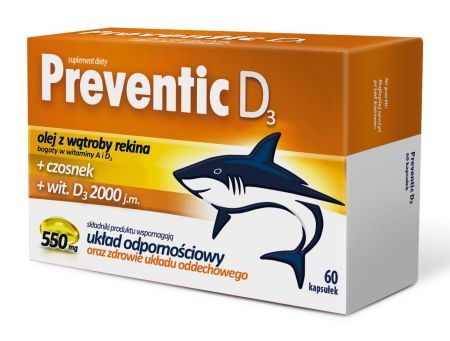 Preventic D3 Olej z wątroby rekina z czosnkiem i witaminą D3, 60 kapsułek