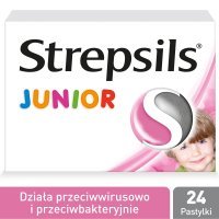 Strepsils Junior lek o smaku truskawkowym na stany zapalne gardła, 24 tabletki