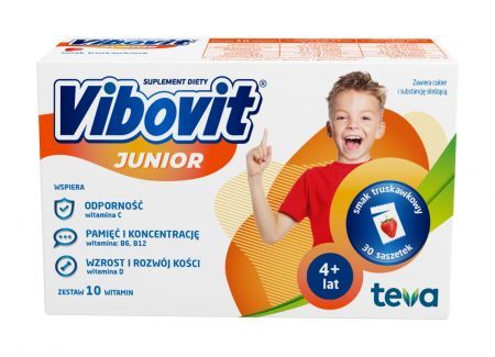 Vibovit Junior o smaku truskawkowym dla dzieci 4-12 lat, 30 saszetek